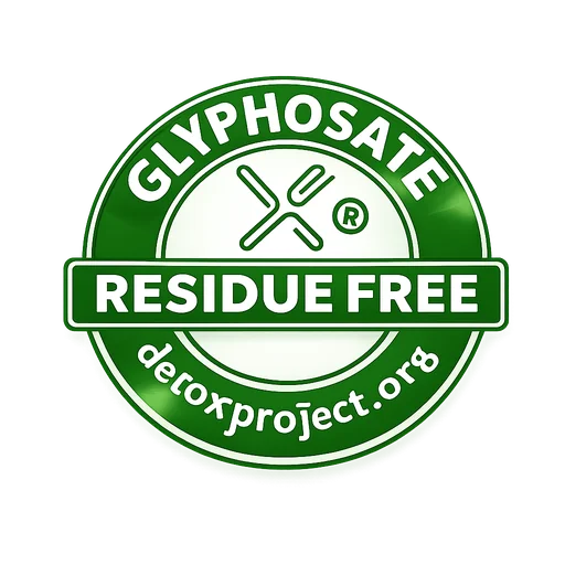 Certification badge: glyphosate-free, no added sugar, and 100% plant-based